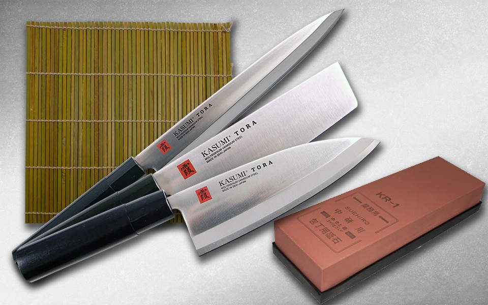 Набор кухонных ножей с камнем и циновкой KASUMI TORA SJK-2 Набор кухонных ножей с камнем и циновкой KASUMI TORA SJK-2