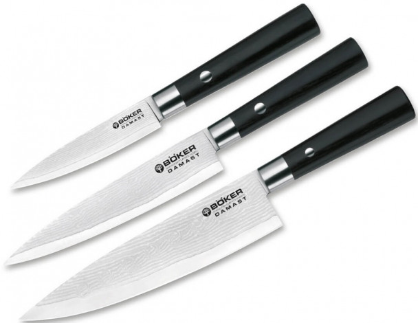 Набор кухонных ножей "поварская тройка" Boker 130420SET Damascus Black Knife Trio Набор кухонных ножей "поварская тройка" Boker 130420SET Damascus Black Knife Trio