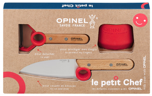 Набор ножей Opinel Le Petit Chef Set (Нож шеф-повара+нож для овощей+защита пальцев), дерево красный, нержавеющая сталь Набор ножей Opinel Le Petit Chef Set (Нож шеф-повара+нож для овощей+защита пальцев), дерево красный, нержавеющая сталь