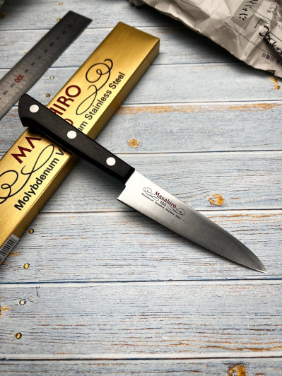 Нож кухонный Петти Masahiro MV black plywood 14002 2, лезвие 120 мм., сталь MBS-26 Нож кухонный Петти Masahiro MV black plywood 14002 2, лезвие 120 мм., сталь MBS-26