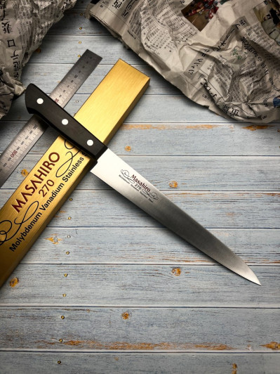 Нож кухонный Суджихики Masahiro MV black plywood 14018, лезвие 270 мм., сталь MBS-26 Нож кухонный Суджихики Masahiro MV black plywood 14018, лезвие 270 мм., сталь MBS-26