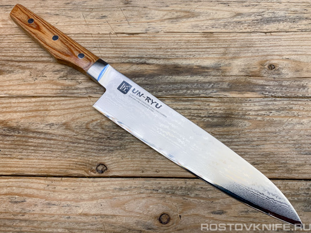 Поварской шеф-нож Shimomura UNR-05, лезвие 21 см, сталь VG-10 в обкладках из дамасской стали, Япония Поварской шеф-нож Shimomura UNR-05, лезвие 21 см, сталь VG-10 в обкладках из дамасской стали, Япония