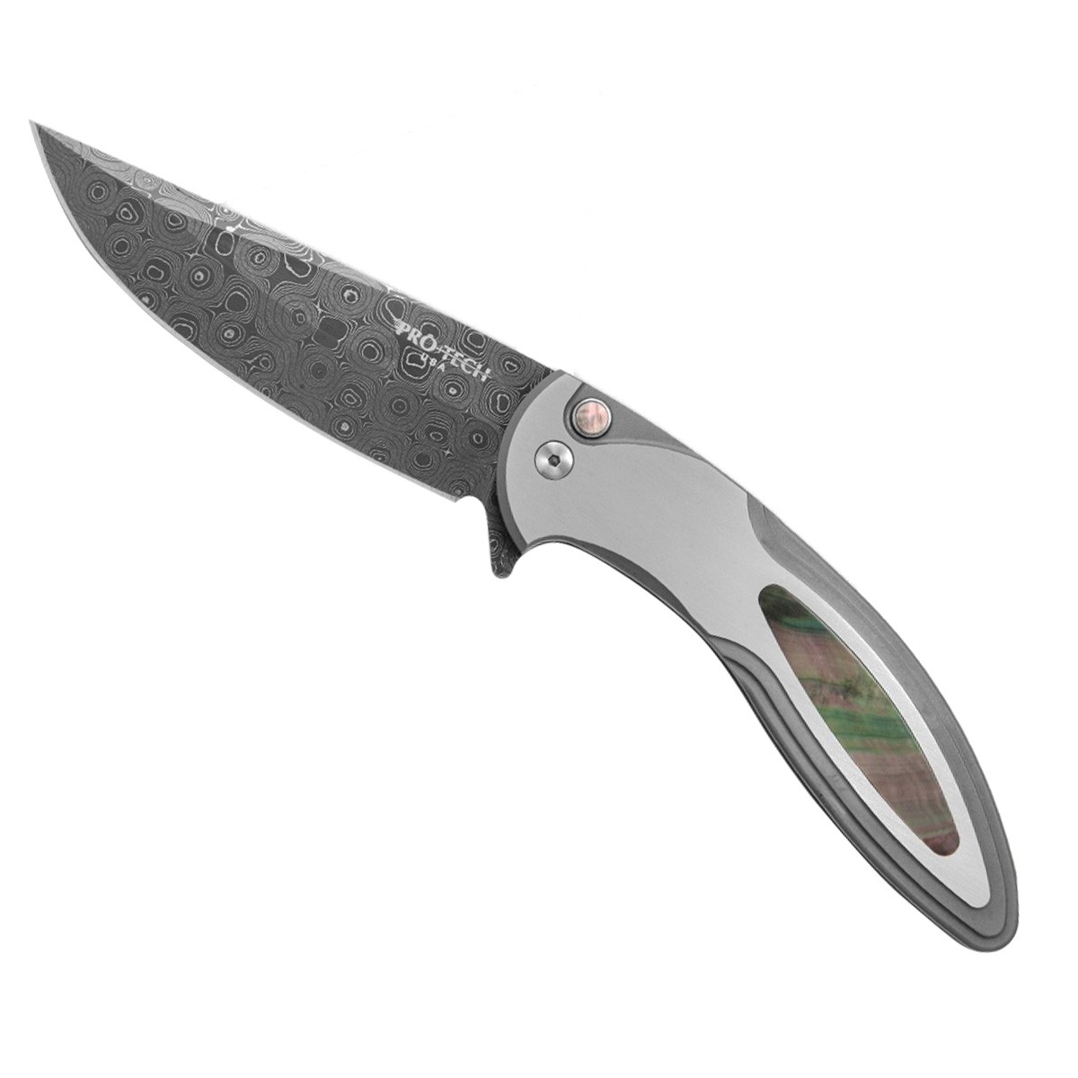 Автоматический складной нож Pro-Tech Custom Cambria MOP/Damascus, 8.9 см. Автоматический складной нож Pro-Tech Custom Cambria MOP/Damascus, 8.9 см.