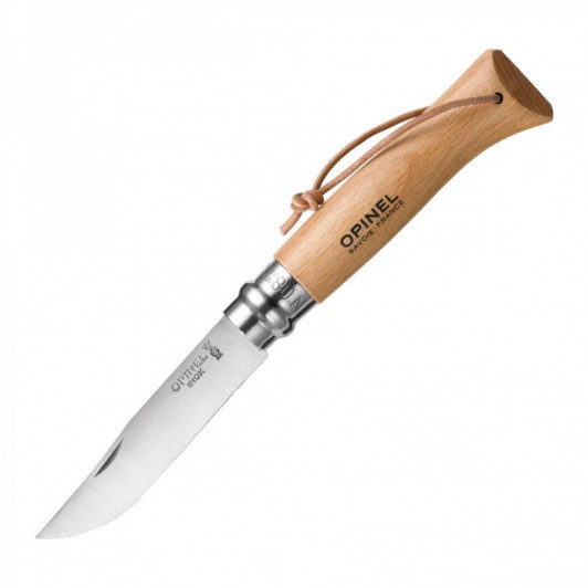 Складной нож Opinel №8, нержавеющая сталь, бук, кожанный темляк, 80 мм. Складной нож Opinel №8, нержавеющая сталь, бук, кожанный темляк, 80 мм.