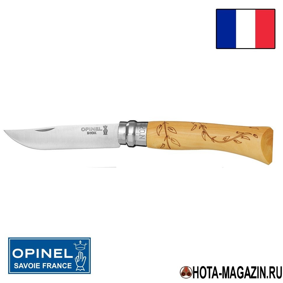 Складной нож с узором листья Opinel Nature 7VRI (ручка самшит), 8 см. Складной нож с узором листья Opinel Nature 7VRI (ручка самшит), 8 см.