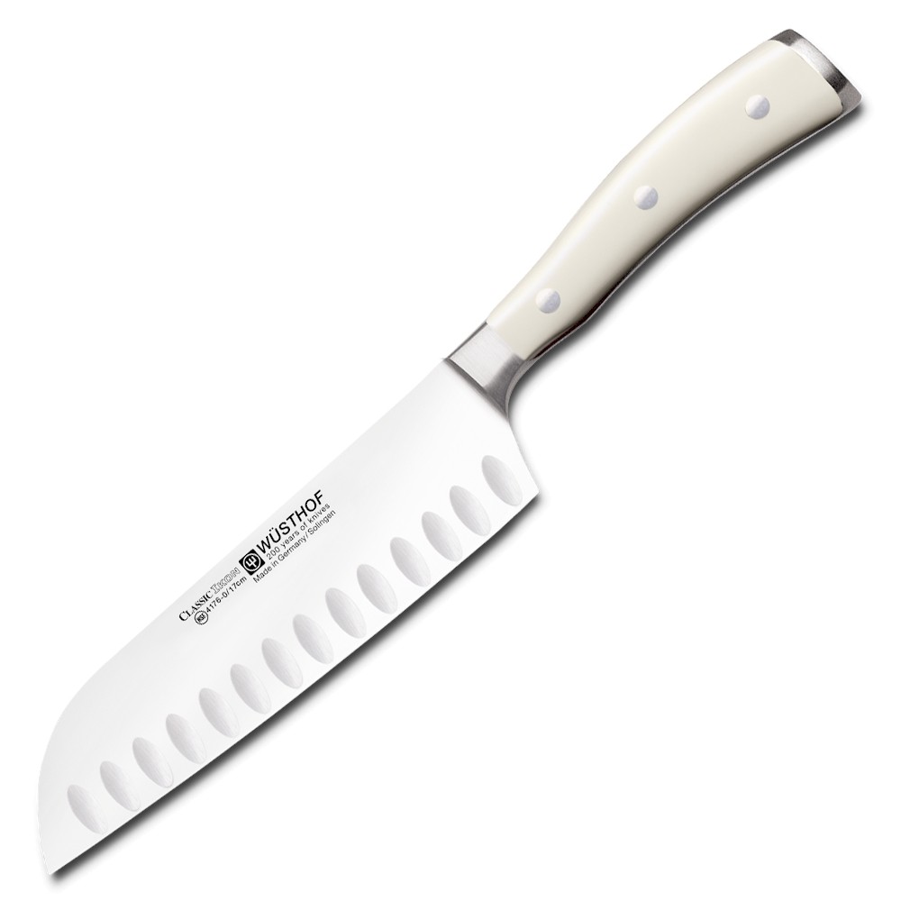 Нож Сантоку с углублениями на кромке Wuesthof Ikon Cream White 4176-0 WUS, 17 см. Нож Сантоку с углублениями на кромке Wuesthof Ikon Cream White 4176-0 WUS, 17 см.
